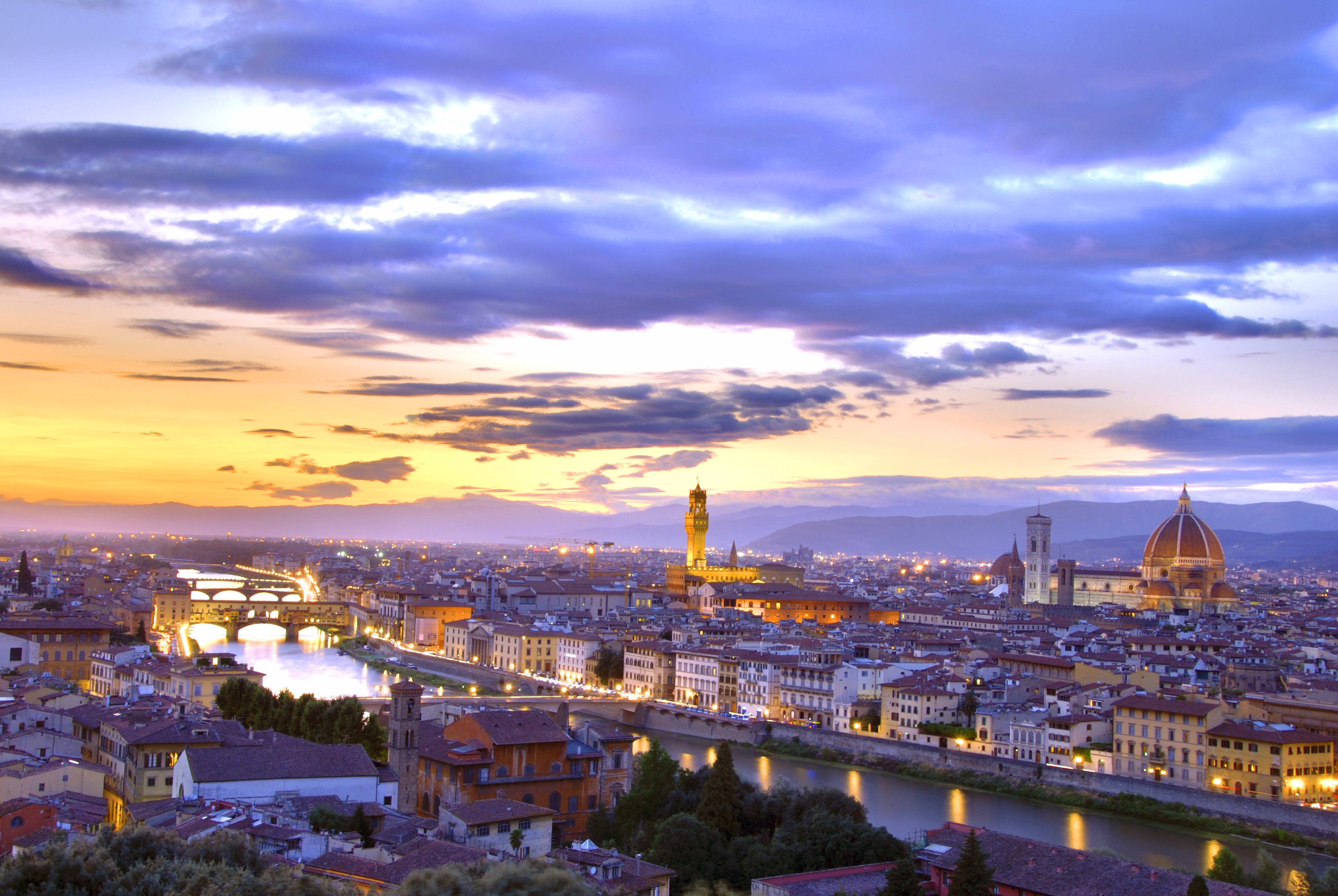 Beautiful sunset over river Arno in Florence, Italy, HDR