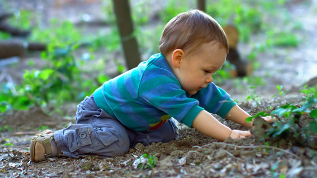 cute baby boy digging the ground in spring forest