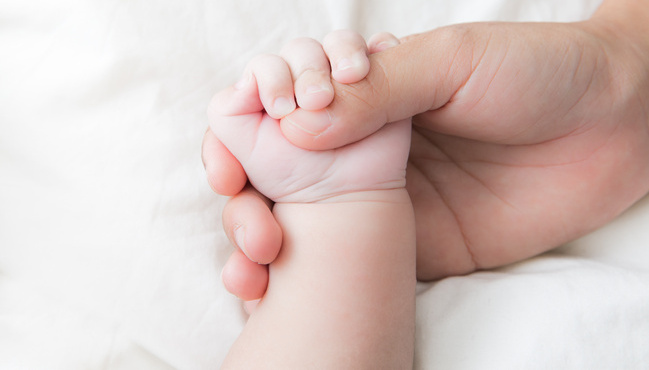 parenting concept with adult holding baby hand